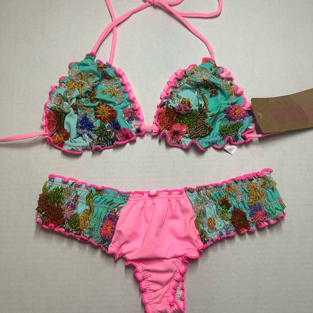 PUA - Vibrant Pink and Green Embroidered Bikini Set - NEW, with tags